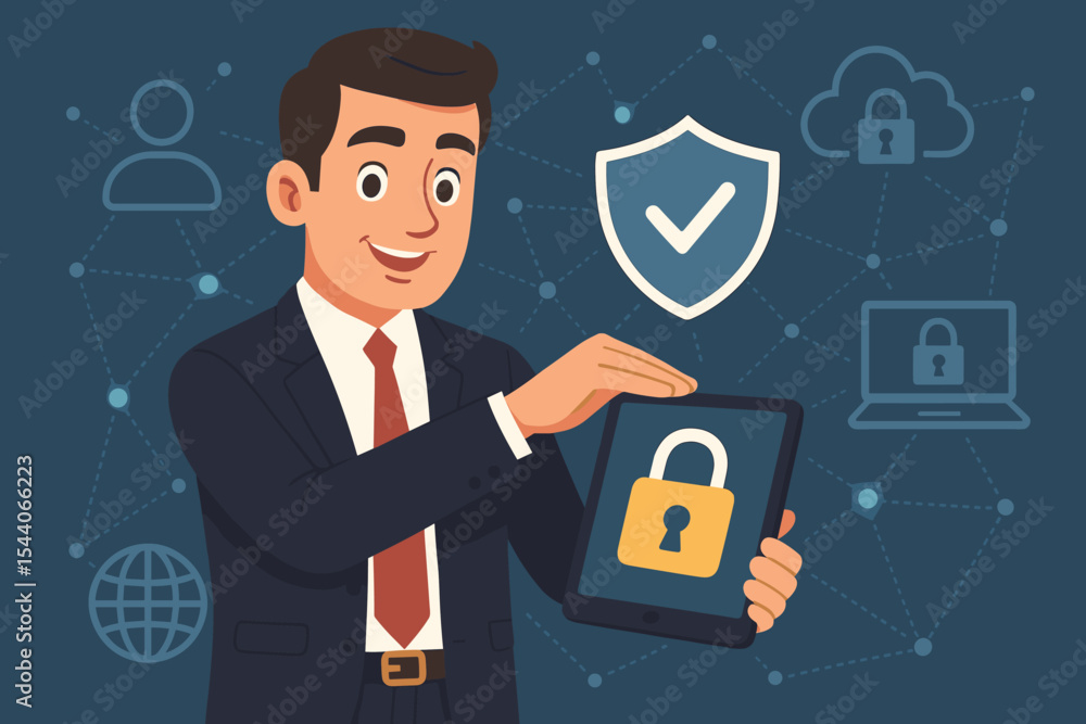 Businessman securing data privacy on tablet, cyber security network, GDPR compliance, protection concept, digital safety, shield, lock icon, technology illustration, internet information safety Businessman securing data privacy on tablet, cyber security network, GDPR compliance, protection concept, digital safety, shield, lock icon, technology illustration, internet information safety
