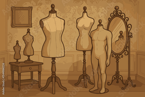 Vintage tailor dummy and mannequins in antique showroom. Dress form display, retro sewing studio, fashion atelier. Classic interior, elegant mirror, wooden furniture. Vector illustration