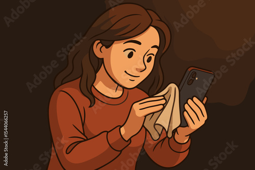 Woman Carefully Cleaning Mobile Smartphone Screen with Soft Fabric Cloth, Hygiene and Device Maintenance in Cozy Dimly Lit Room, Vector Cartoon Illustration, Daily Technology Care Concept