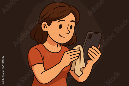 Woman Cleaning Smartphone Screen with Cloth in Dimly Lit Room, Hygiene Mobile Device Maintenance, Digital Gadget Care, Vector Cartoon Illustration, Everyday Technology Cleaning Concept
