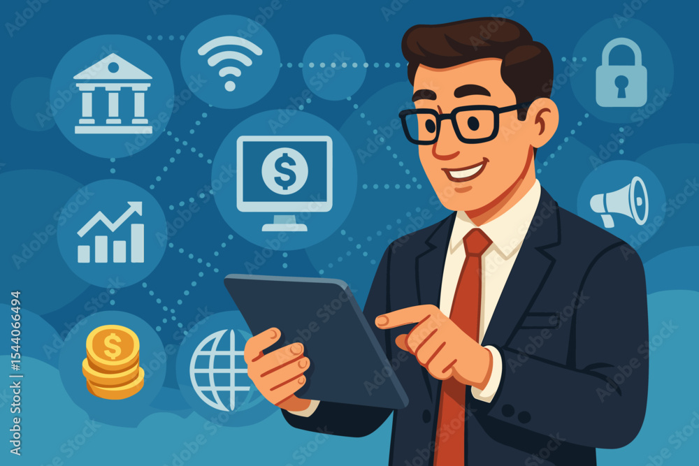 Businessman using tablet for online banking, financial technology, digital marketing, cybersecurity, finance networking, mobile payments, modern money management, fintech business concept vector Businessman using tablet for online banking, financial technology, digital marketing, cybersecurity, finance networking, mobile payments, modern money management, fintech business concept vector