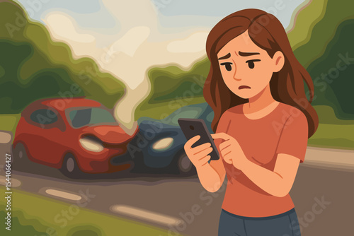 Woman using smartphone to call emergency roadside assistance after car accident. Vector cartoon illustration of auto collision, crash scene, insurance claim process, reporting traffic incident