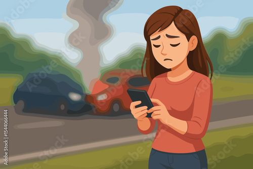 Woman Using Smartphone Calling for Help After Car Crash on Roadside. Emergency Situation, Traffic Accident Scene, Cars Collision, Road Safety Concept. Vector Illustration