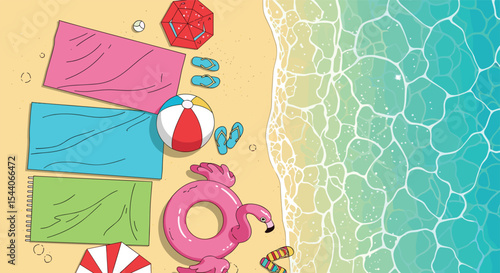 Summer Beach Flat Lay Illustration Vibrant Colors Holiday Vacation
