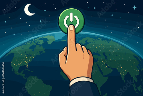 Human hand pressing a global power button on Earth at night, symbolizing energy conservation, environmental awareness, and sustainable future actions for our planet. Climate control.
