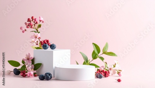 Minimalist product mockup with natural fruits and flowers on pastel background. Stand for skincare or cosmetics with seasonal fruits and floral decor.
