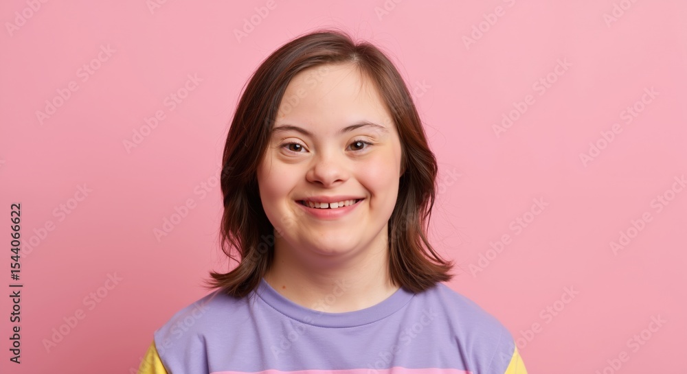 Smiling woman with down syndrome in purple shirt pink background. Happy person positive expression portrait inclusion diversity. Disability awareness concept banner horizontal Smiling woman with down syndrome in purple shirt pink background. Happy person positive expression portrait inclusion diversity. Disability awareness concept banner horizontal