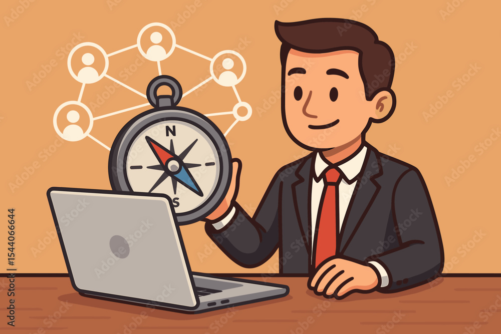 Cartoon businessman holding compass at laptop, navigating digital network, leadership decision making, direction in online business, teamwork connectivity, corporate guidance, strategy concept Cartoon businessman holding compass at laptop, navigating digital network, leadership decision making, direction in online business, teamwork connectivity, corporate guidance, strategy concept