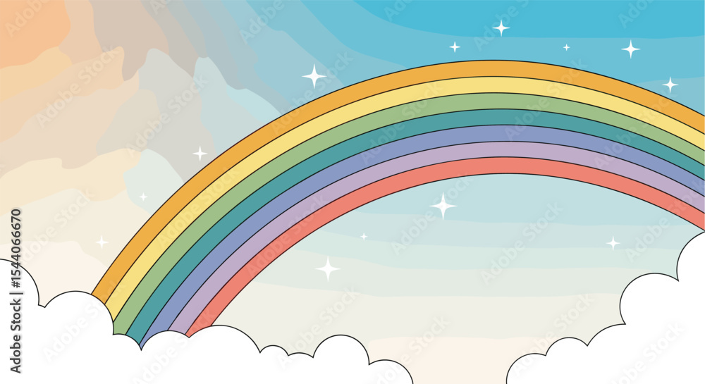 A Colorful Rainbow With White Clouds Spanning a Bright Sky A Colorful Rainbow With White Clouds Spanning a Bright Sky
