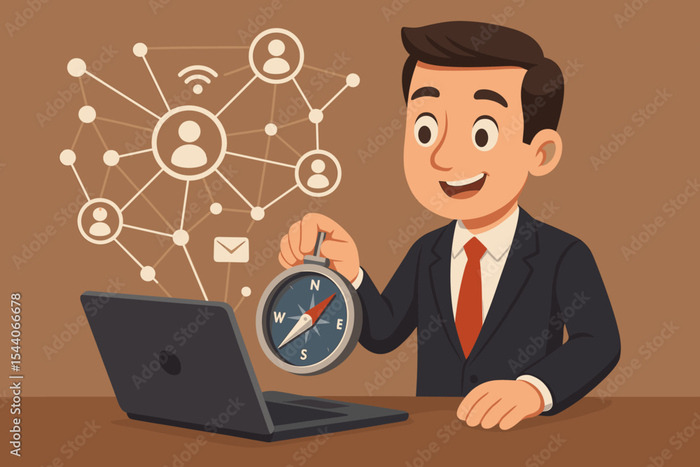 Businessman holding compass at desk with laptop, network connection icons, digital communication, leadership, direction in business strategy concept, cartoon vector illustration, office workspace Businessman holding compass at desk with laptop, network connection icons, digital communication, leadership, direction in business strategy concept, cartoon vector illustration, office workspace