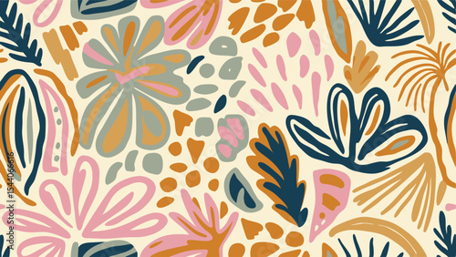 Abstract floral pattern with botanical elements in pastel and earth tone colors creating a seamless design