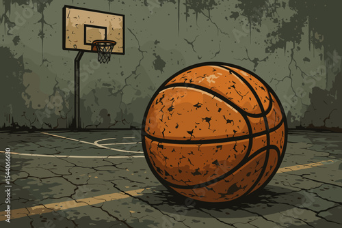 Worn basketball on a grungy outdoor court with a hoop. Vector illustration of streetball culture. Concept for love of the game, urban sports, competition, and activity.