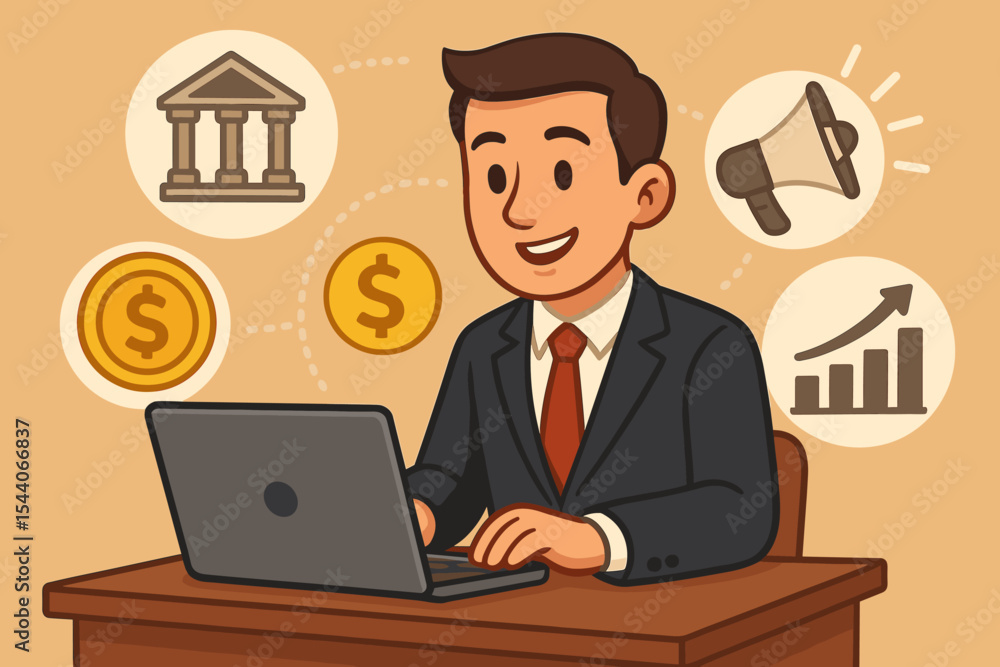 Businessman working at laptop with online banking finance icons, digital marketing, coins, bank building, growth chart, vector cartoon illustration for fintech, business strategy, investment concept Businessman working at laptop with online banking finance icons, digital marketing, coins, bank building, growth chart, vector cartoon illustration for fintech, business strategy, investment concept