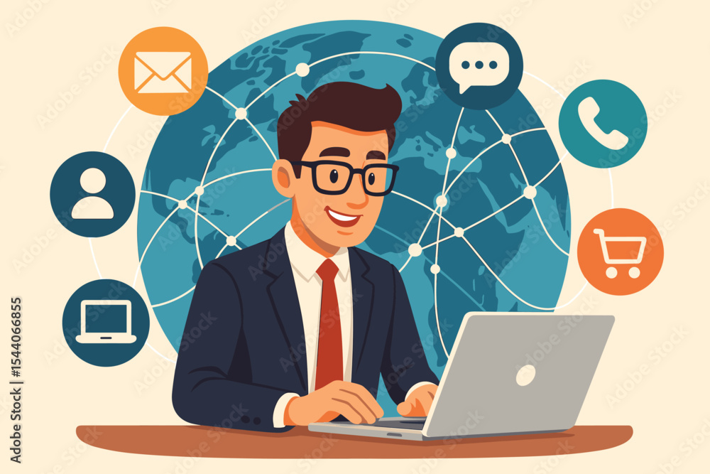 Modern businessman working on laptop with global network connections, omni-channel communication, digital marketing, e-commerce, online business, social network, internet technology concept Modern businessman working on laptop with global network connections, omni-channel communication, digital marketing, e-commerce, online business, social network, internet technology concept