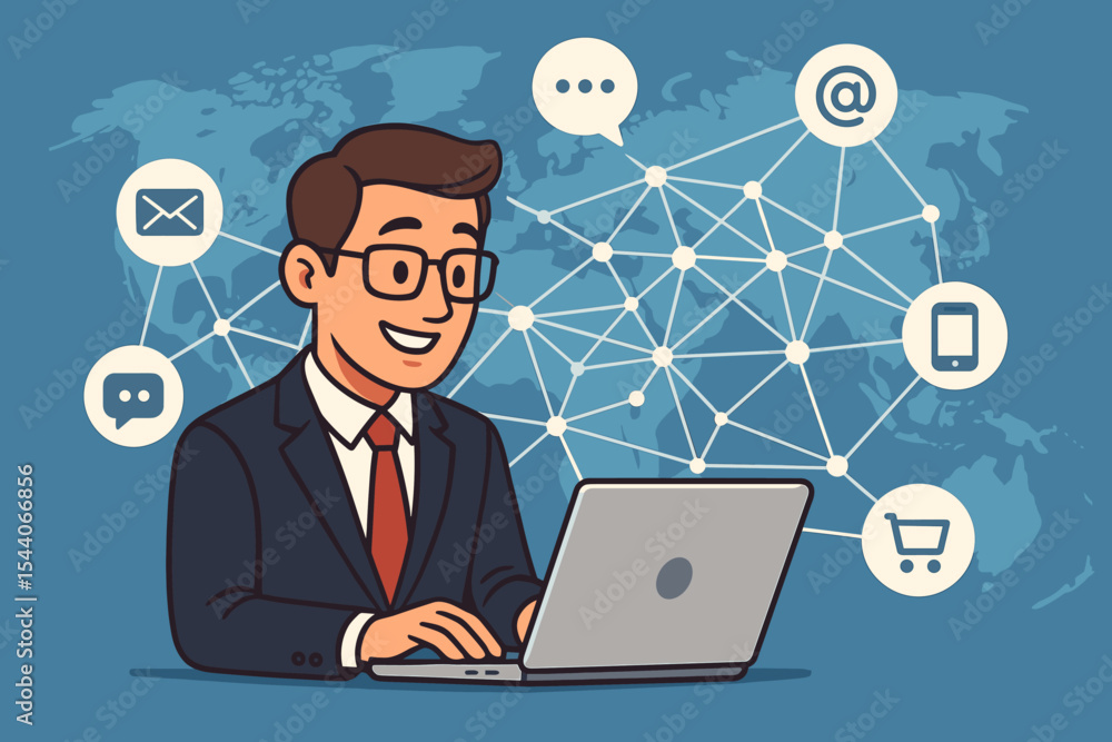 Businessman using laptop with global network connection, omnichannel communication, digital marketing, e-commerce, social media, international business, internet technology vector illustration Businessman using laptop with global network connection, omnichannel communication, digital marketing, e-commerce, social media, international business, internet technology vector illustration