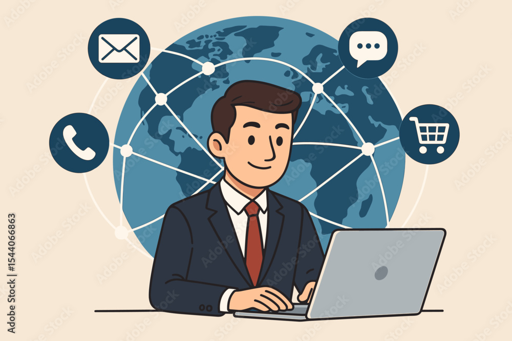 Businessman using laptop global network communication. Digital marketing, online business, omnichannel customer service. Worldwide ecommerce, technology, internet, remote work vector illustration Businessman using laptop global network communication. Digital marketing, online business, omnichannel customer service. Worldwide ecommerce, technology, internet, remote work vector illustration