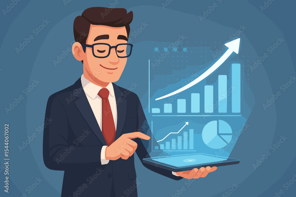 Businessman in Suit Using Tablet to Present Virtual Hologram of Financial Growth Charts, Bar Graphs, Analytics, and Rising Statistics. Technology Business Concept Vector Illustration Businessman in Suit Using Tablet to Present Virtual Hologram of Financial Growth Charts, Bar Graphs, Analytics, and Rising Statistics. Technology Business Concept Vector Illustration