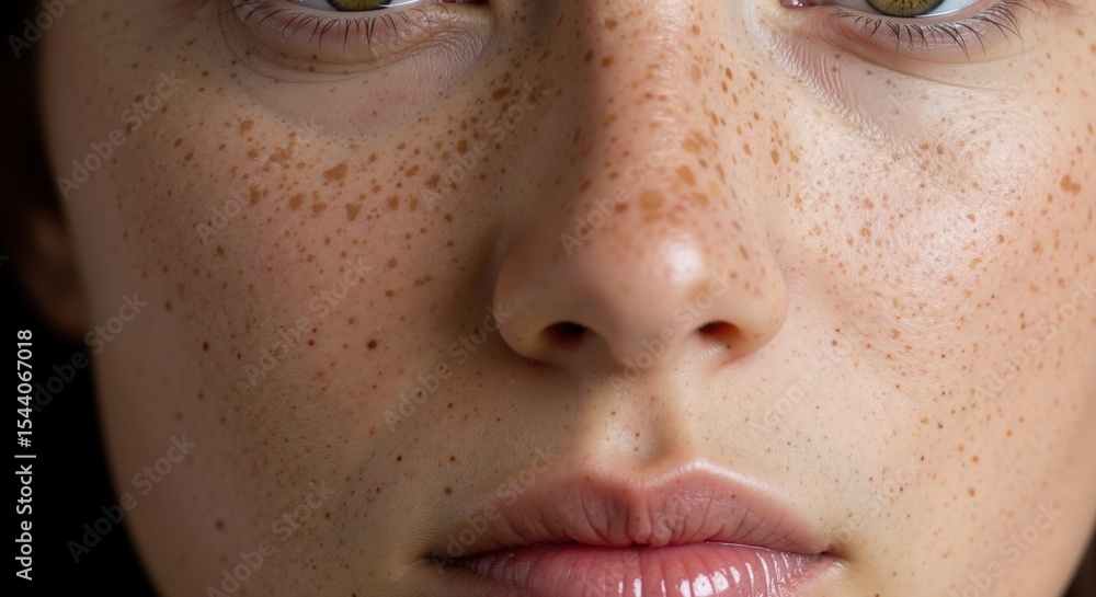 Naklejka premium Close-up woman face with natural freckles green eyes pink lips. Natural beauty portrait skincare complexion authentic. Dermatology cosmetics