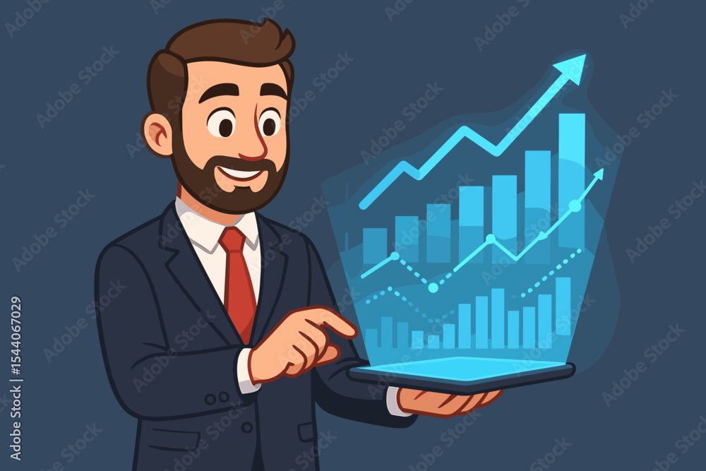 Businessman in suit using tablet with virtual hologram, growing bar chart, financial statistics, analytics graphs, upward trends, digital data, technology investment concept, vector illustration Businessman in suit using tablet with virtual hologram, growing bar chart, financial statistics, analytics graphs, upward trends, digital data, technology investment concept, vector illustration