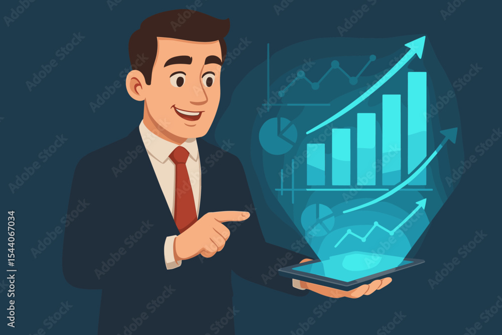 Businessman in Suit Using Tablet Displaying Virtual Hologram with Growing Bar Charts, Line Graphs, and Pie Charts, Business Analytics, Data Visualization Concept Vector Illustration Businessman in Suit Using Tablet Displaying Virtual Hologram with Growing Bar Charts, Line Graphs, and Pie Charts, Business Analytics, Data Visualization Concept Vector Illustration