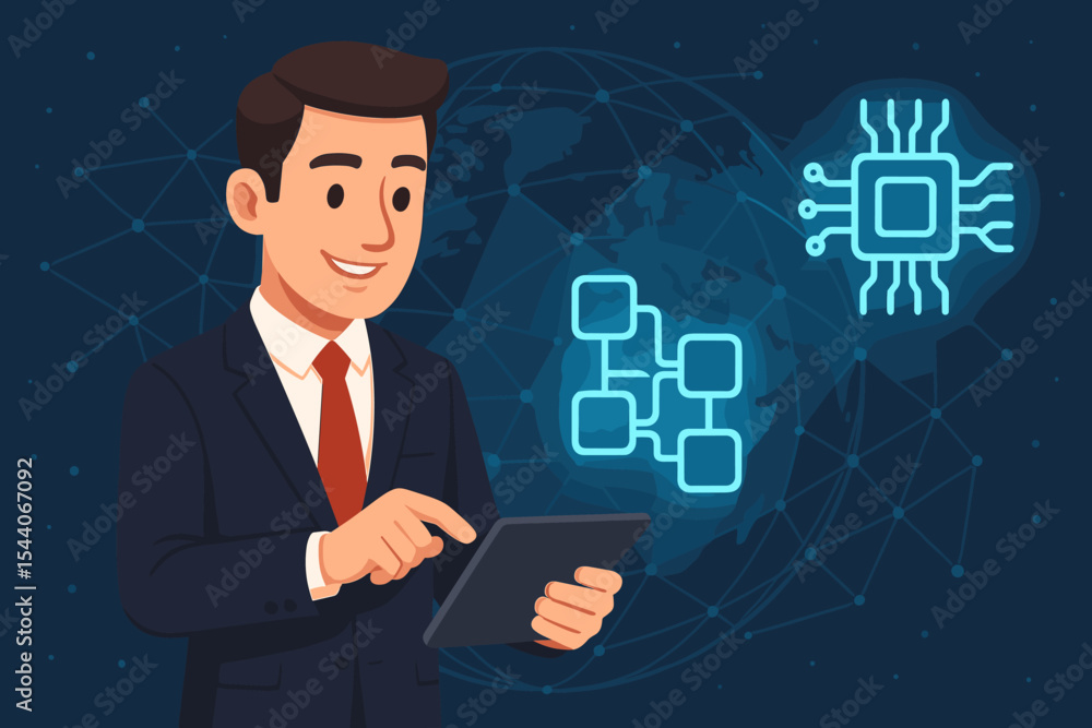 Businessman in Suit Using Digital Tablet with Blockchain Network, Microchip Icon, Global Virtual Connections, Technology Innovation Concept, Vector Illustration for IT, Fintech, Cybersecurity Businessman in Suit Using Digital Tablet with Blockchain Network, Microchip Icon, Global Virtual Connections, Technology Innovation Concept, Vector Illustration for IT, Fintech, Cybersecurity