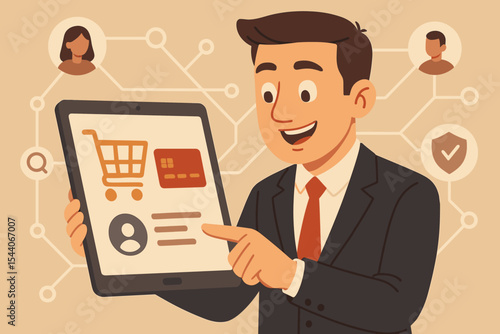 Businessman using tablet for online shopping, ecommerce payment technology, customer data connection, secure digital transaction network, business management vector illustration