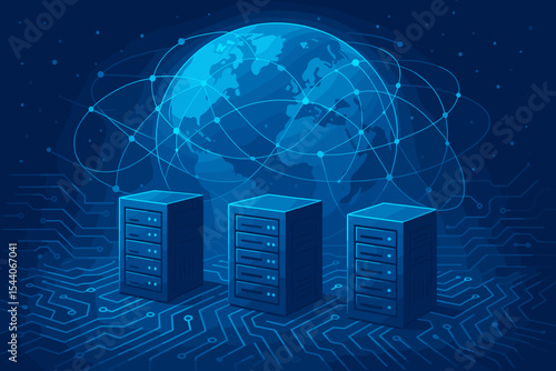 Futuristic global data network with interconnected servers, digital world map, glowing blue circuit board, information technology, big data storage, cybersecurity concept illustration