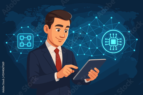 Businessman using tablet with blockchain network connections and microchip icon on global virtual map background. Digital transformation, fintech innovation, technology integration illustration