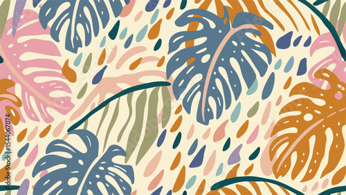 Seamless pattern featuring monstera leaves and abstract shapes in a colorful design style background