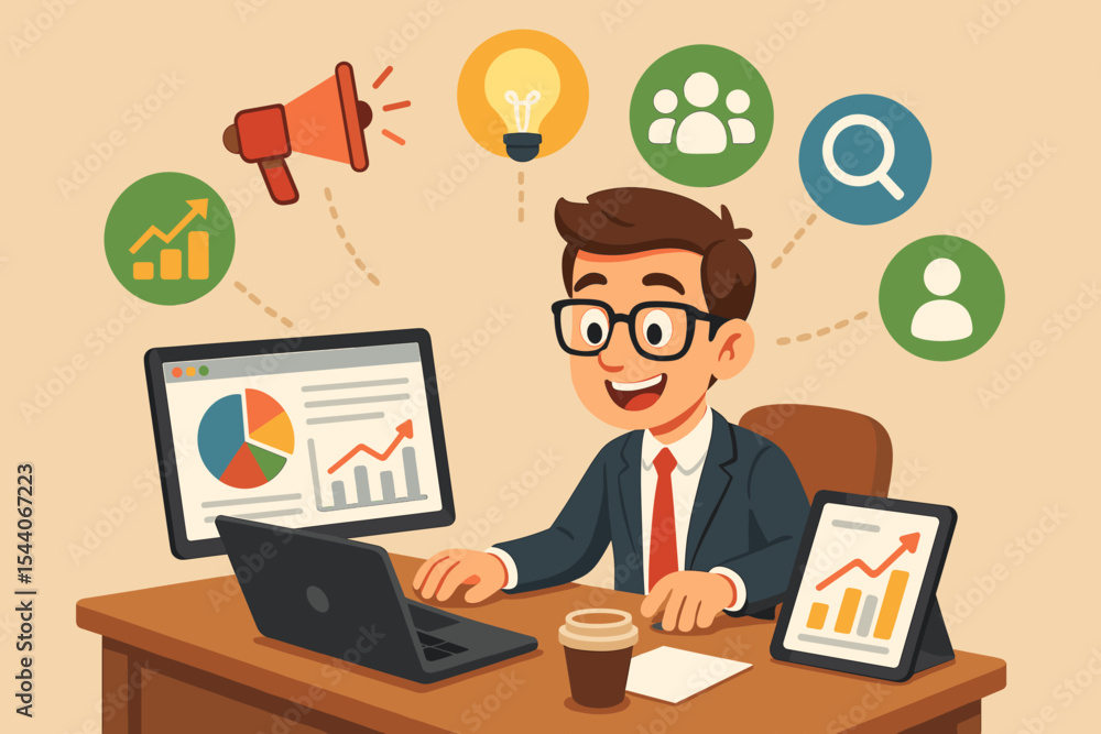 Digital marketing analytics concept. Businessman at desk with laptop, tablet, charts, coffee. Data analysis, online advertising, SEO, social media, teamwork, business strategy. Vector illustration. Digital marketing analytics concept. Businessman at desk with laptop, tablet, charts, coffee. Data analysis, online advertising, SEO, social media, teamwork, business strategy. Vector illustration.