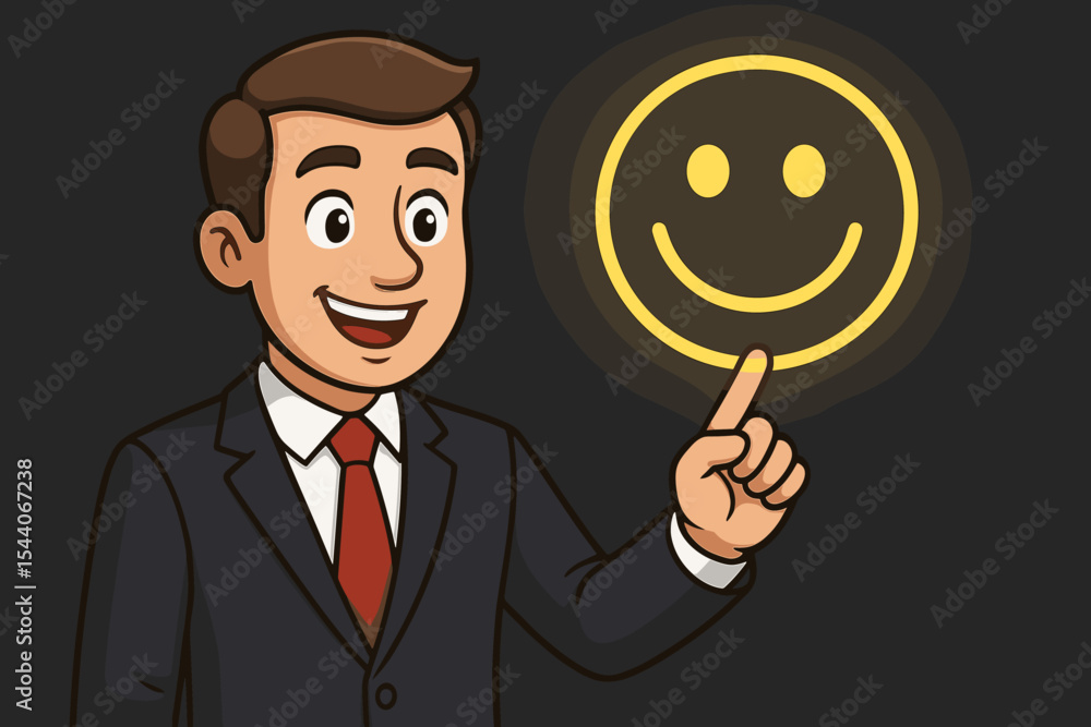 Cartoon Businessman Pointing at Glowing Smiley Face Emoticon, Illustrating Customer Satisfaction, Excellent Service Quality, Happy Feedback, Positive Review, and Business Success on Dark Background Cartoon Businessman Pointing at Glowing Smiley Face Emoticon, Illustrating Customer Satisfaction, Excellent Service Quality, Happy Feedback, Positive Review, and Business Success on Dark Background