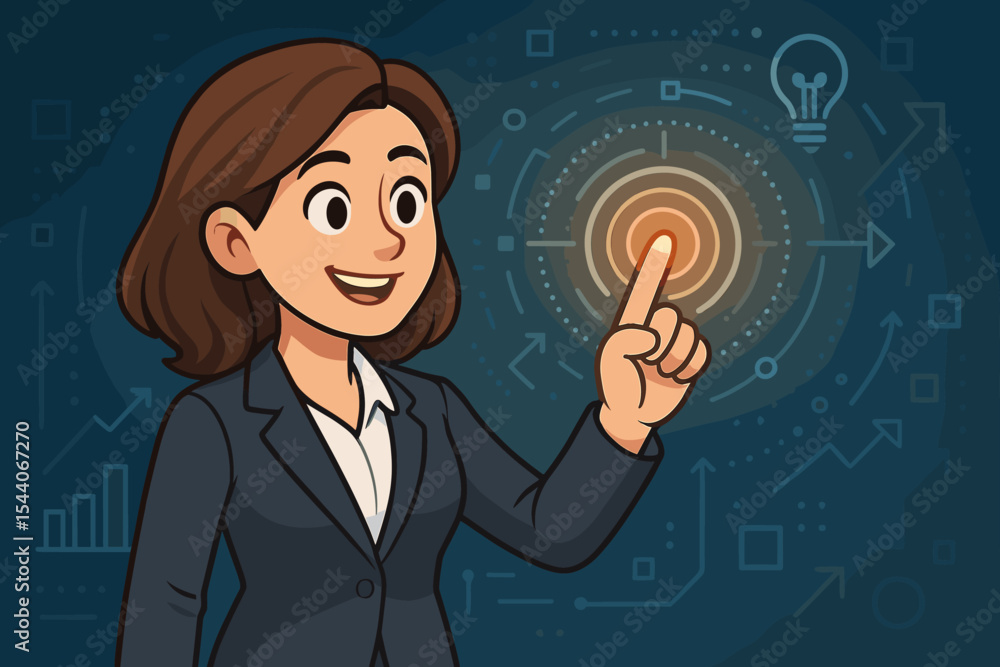 Businesswoman in suit touching digital interface, innovation concept, futuristic technology, data visualization, lightbulb idea, business strategy, virtual touchscreen vector illustration Businesswoman in suit touching digital interface, innovation concept, futuristic technology, data visualization, lightbulb idea, business strategy, virtual touchscreen vector illustration