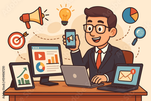 Digital marketing strategist at office desk multitasking with laptop, smartphone, analytics charts, email notification, target, megaphone, business growth. Cartoon vector illustration concept