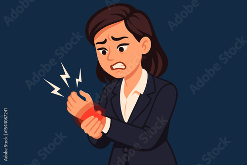 Businesswoman suffering from wrist pain, carpal tunnel syndrome, joint inflammation, holding aching hand, red highlight, occupational health issue, vector illustration on dark background