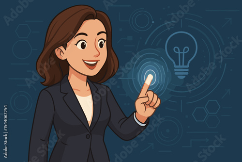 Businesswoman touching virtual interface, innovation concept. Female manager in suit activating digital touchscreen. Leadership, technology, futuristic idea, smart solutions, business strategy