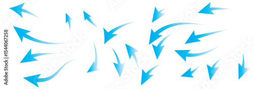 Air flow arrow. Set of blue arrow showing wind air flow. Vector set of air flow arrows. Blue air flow arrows showing wind circulation and ventilation.