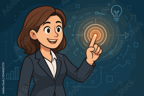 Businesswoman in suit touching digital interface, innovation concept, futuristic technology, data visualization, lightbulb idea, business strategy, virtual touchscreen vector illustration