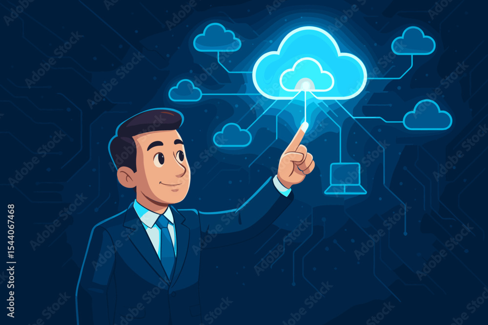 Businessman Touching Cloud Computing Network Interface. Futuristic Technology, Digital Transformation, Data Storage, IT Innovation, Cyber Security, Cloud Services Vector Illustration Businessman Touching Cloud Computing Network Interface. Futuristic Technology, Digital Transformation, Data Storage, IT Innovation, Cyber Security, Cloud Services Vector Illustration