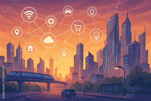 Futuristic smart city skyline at sunset, connected infrastructure and network icons, IoT internet of things, augmented reality, technology innovation, urban transport, vector illustration