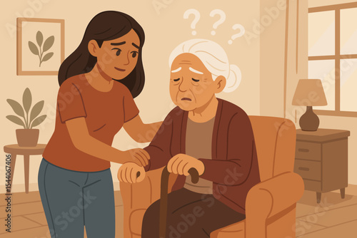 Daughter Helping Elderly Mother with Alzheimer’s Disease and Memory Loss at Home. Senior Caregiver Support. Dementia Awareness. Family Assistance. Generations. Flat Vector Illustration. Living Room.