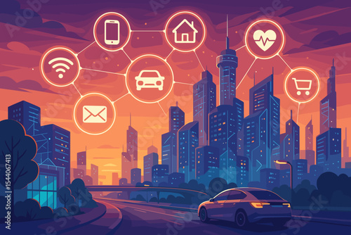Futuristic smart city skyline at sunset with interconnected digital services, network icons, augmented reality, modern car, technology infrastructure, wireless communication, internet of things