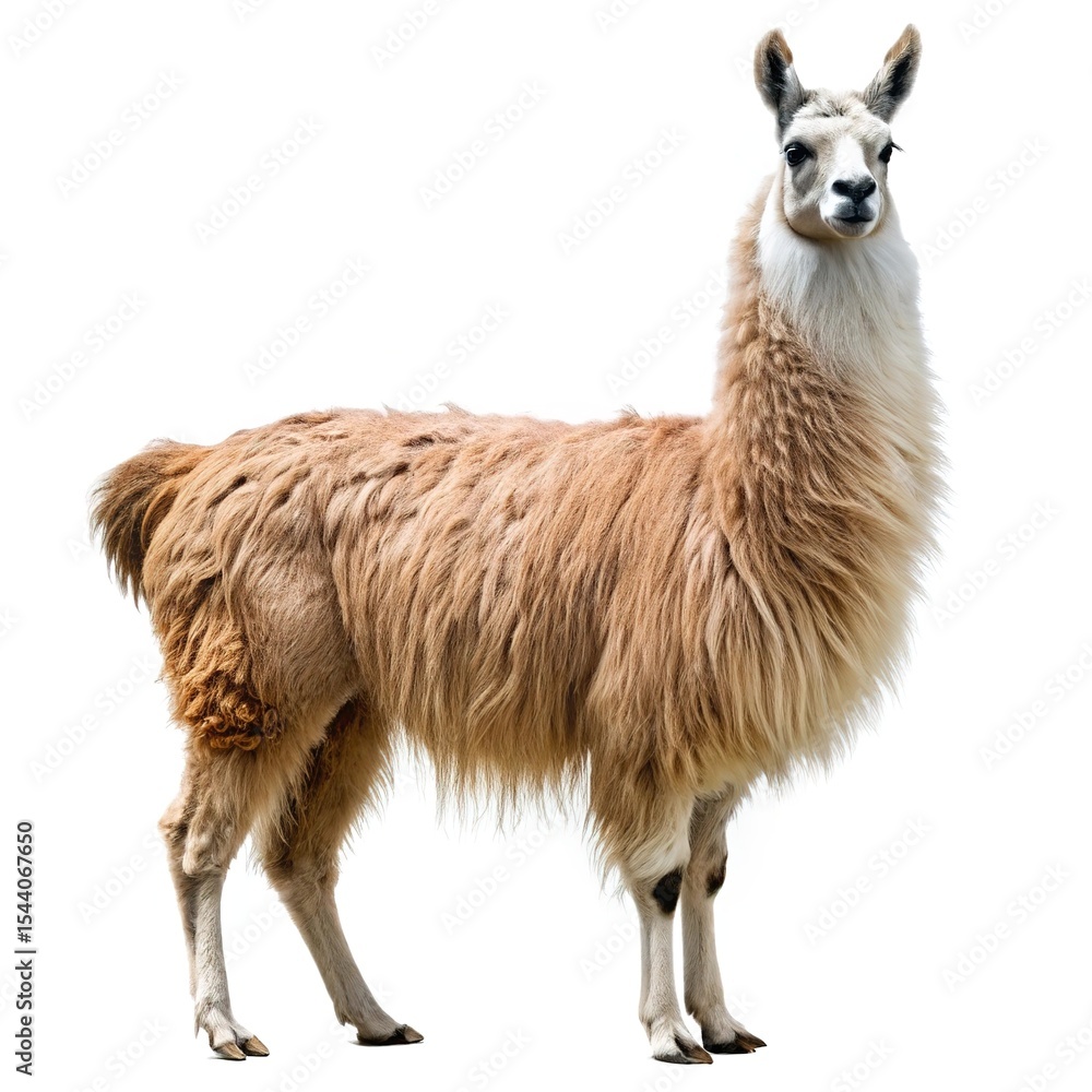 Naklejka premium Light brown llama standing profile isolated on white background