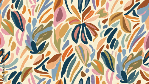 Aesthetic pattern featuring abstract floral and leaf shapes in a variety of muted earth tone colors