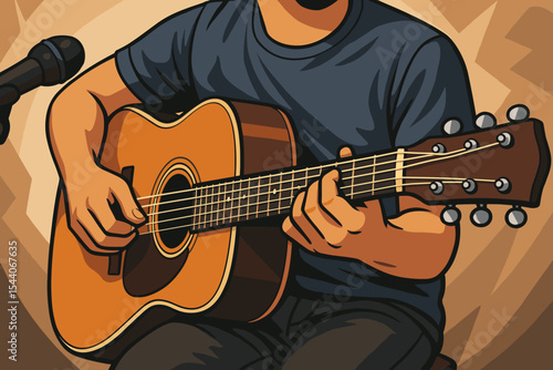 Acoustic guitar player strumming melody, close-up hands, detailed vector cartoon illustration. Live music performance, singer songwriter, stage microphone, musical expression, artistic inspiration.