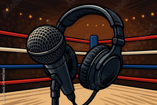 Boxing announcer microphone and headphones close-up in stadium ring. Sports broadcast audio equipment. Arena lights. Sportscaster commentary concept. Vector cartoon illustration. No text
