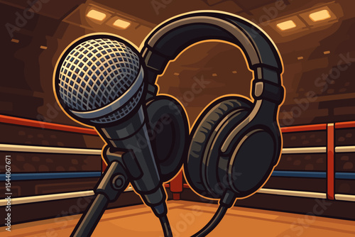 Boxing announcer microphone and headphones vector illustration. Sports commentary booth equipment in boxing ring stadium. Broadcast, podcast, live event audio concept. Arena lights, close-up cartoon