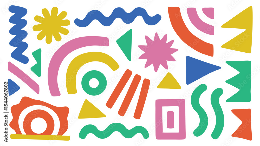 Fototapeta premium Colorful abstract shapes composition featuring diverse geometric forms and vibrant hues on white background