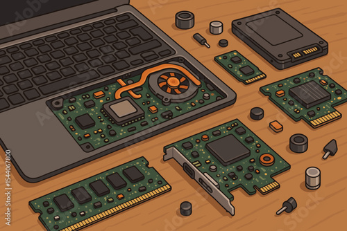Detailed vector illustration of laptop internal components, circuit boards, RAM, SSD, fan, microchips, and electronic parts arranged on desk. Computer hardware repair, assembly, technology concept