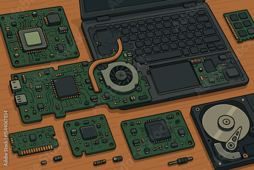 Vector illustration of disassembled laptop with motherboard, circuit boards, electronic components, RAM, CPU, hard drive, cooling fan, and microchips on wooden desk. Modern technology concept