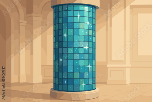 Sparkling Blue Mosaic Glass Pillar in Luxurious Modern Interior, Elegant Architectural Column Design with Shining Tiles, Glamorous Decoration Concept, Vector Illustration for Building Decor